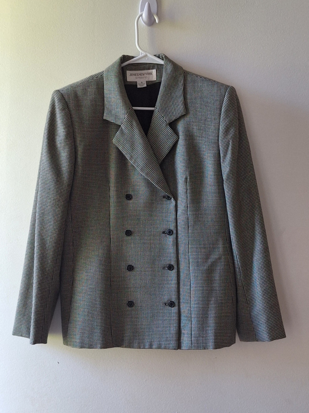 Jones New York Green and Black Houndstooth Double-Breasted Blazer